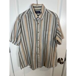 Par Four Mens Short Sleeve Striped Button Down Shirt Tan Blue Size XL